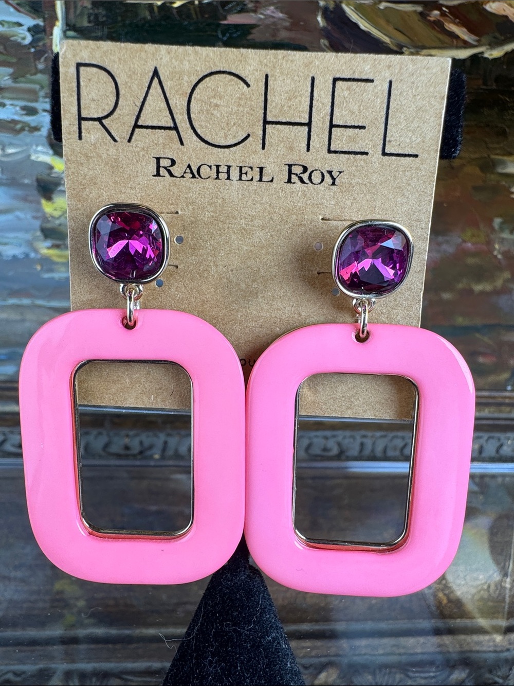 0560-RACHEL Rachel Roy Pink Drop Earrings with Purple Stones